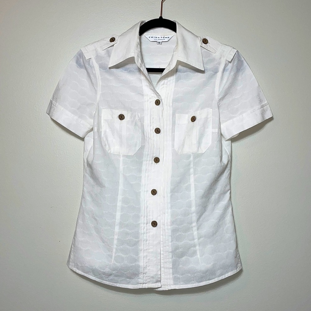Trina Turk Ivory Jacquard Print Button Front Cotton Short Sleeve Blouse 6